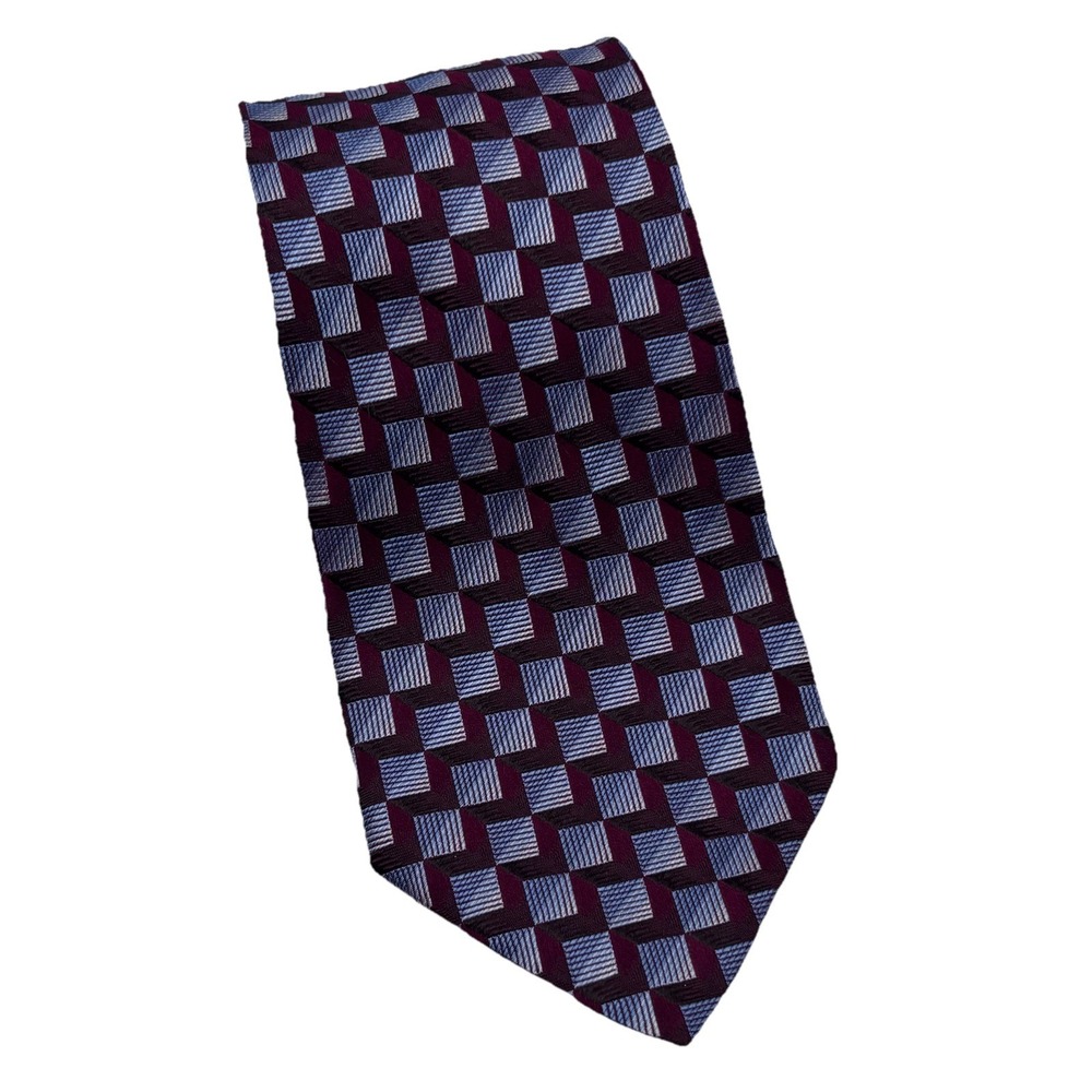 Joseph & Feiss International Mens Tie 100% Silk Burgundy Silver Geometric Beauty